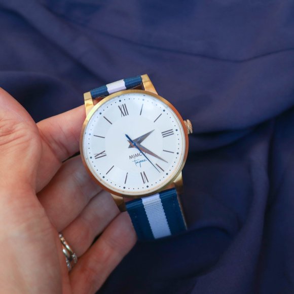 Mimco Blue & White Stripe Watch with Gold Preloved - Picture 8 of 8